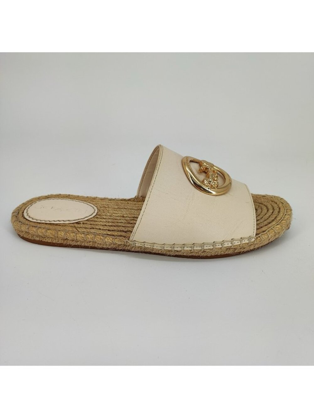 Coach Women’s 7.5 B Sandals Leather Cream Gold Buckle Espadrille Slide C4508